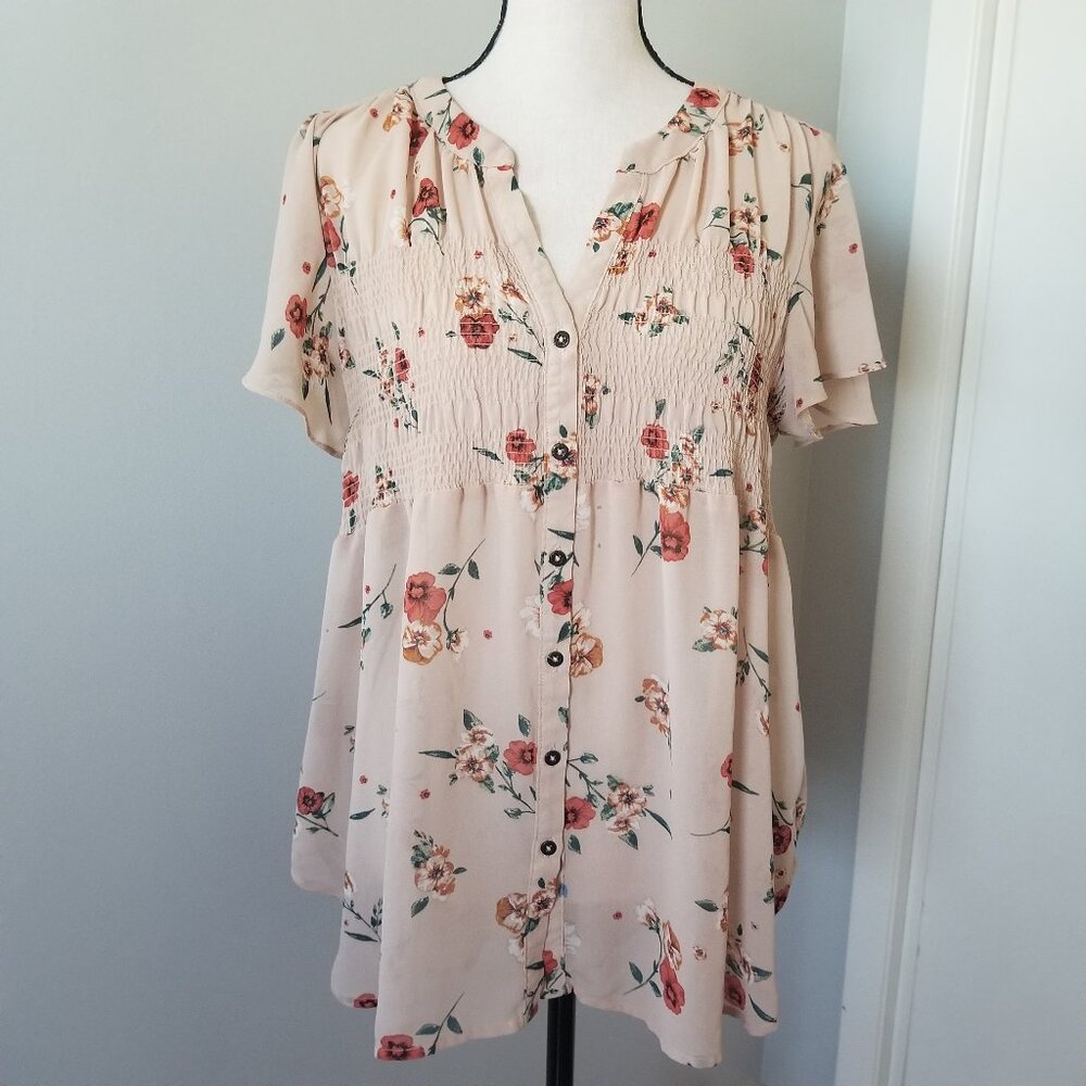 Knox Rose floral button down top with butterfly sleeves